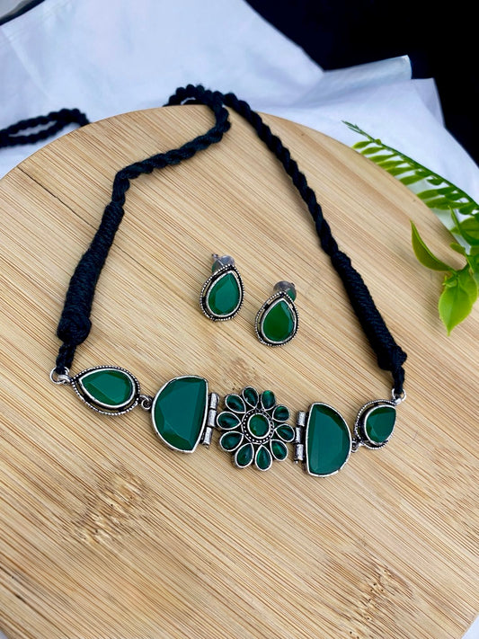 Oxidised Choker with Black thread & Green Stones