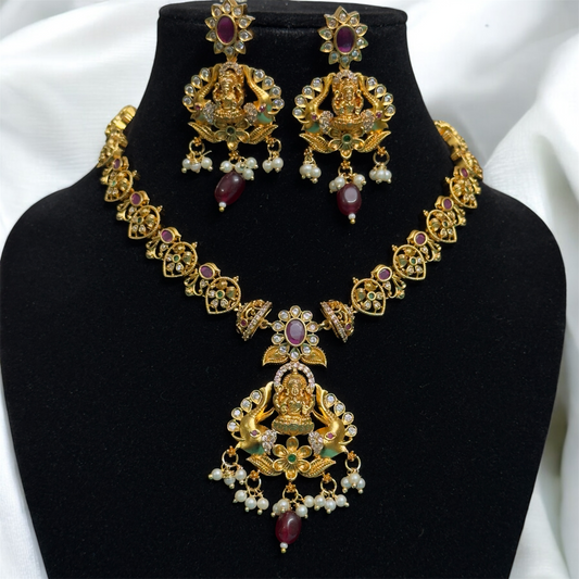 Unique Lakshmi Pendant Necklace with Earrings