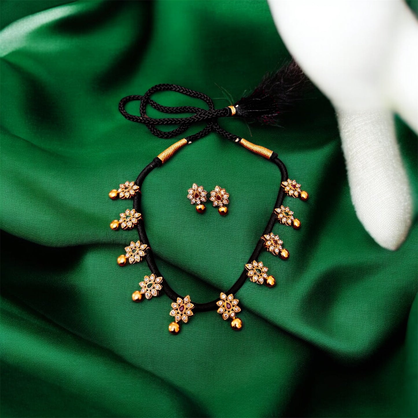 Beautiful Black Thread Multi Stone Floral Necklace & Earrings