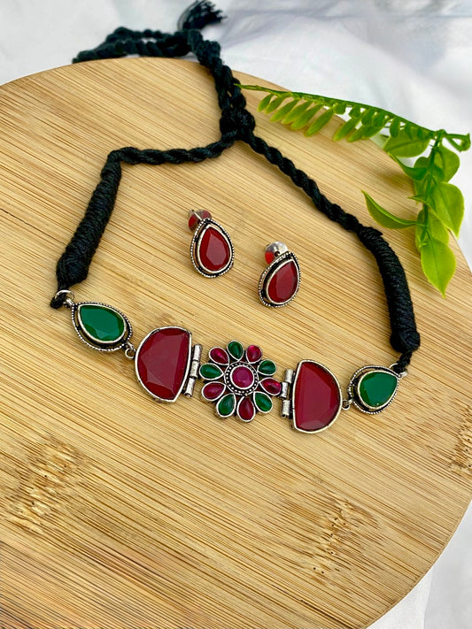 Oxidised Choker with Black thread & Multi Stones