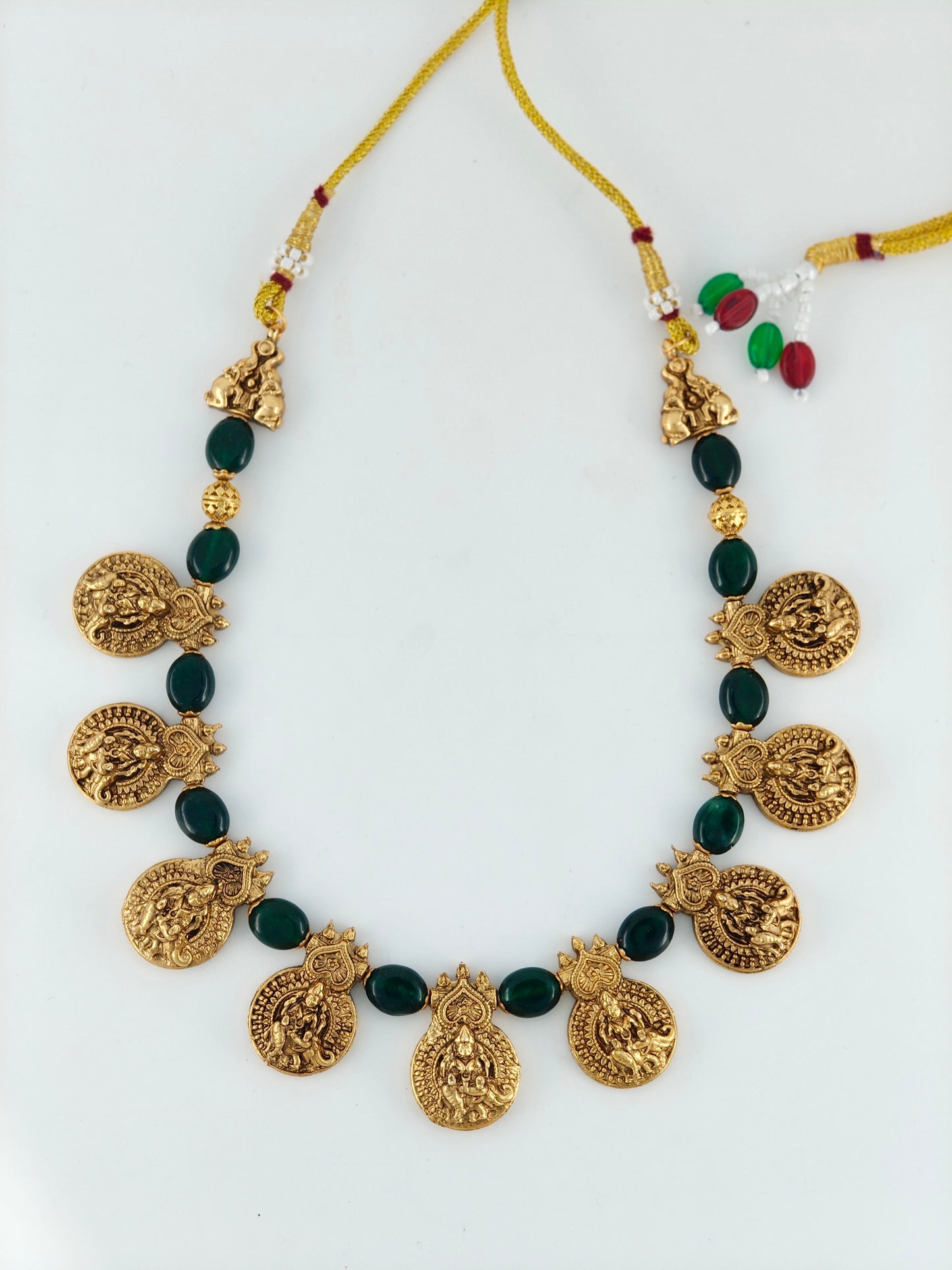 Coin necklace with Victorian beads green
