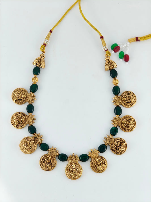 Coin necklace with Victorian beads green