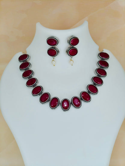 Elegant Oxidised Necklace Set Ruby