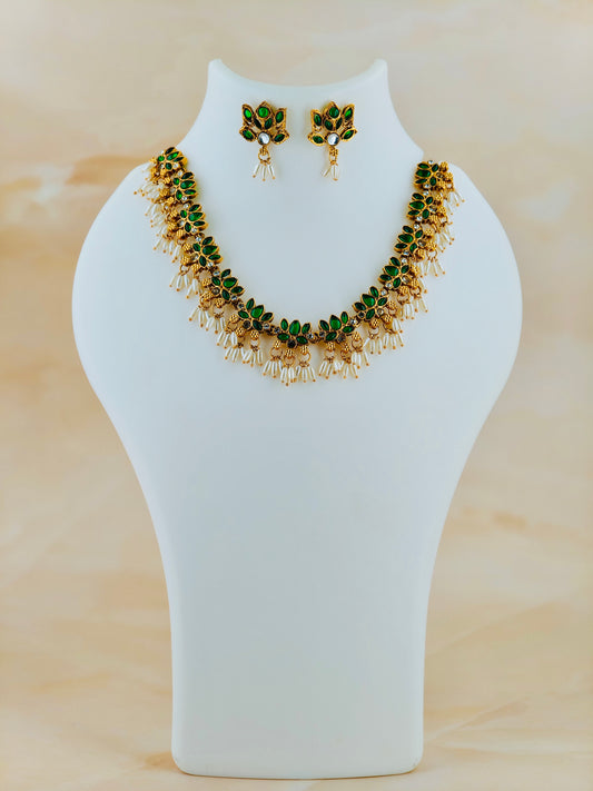 Beautiful Lotus Necklace with rice pearls Green