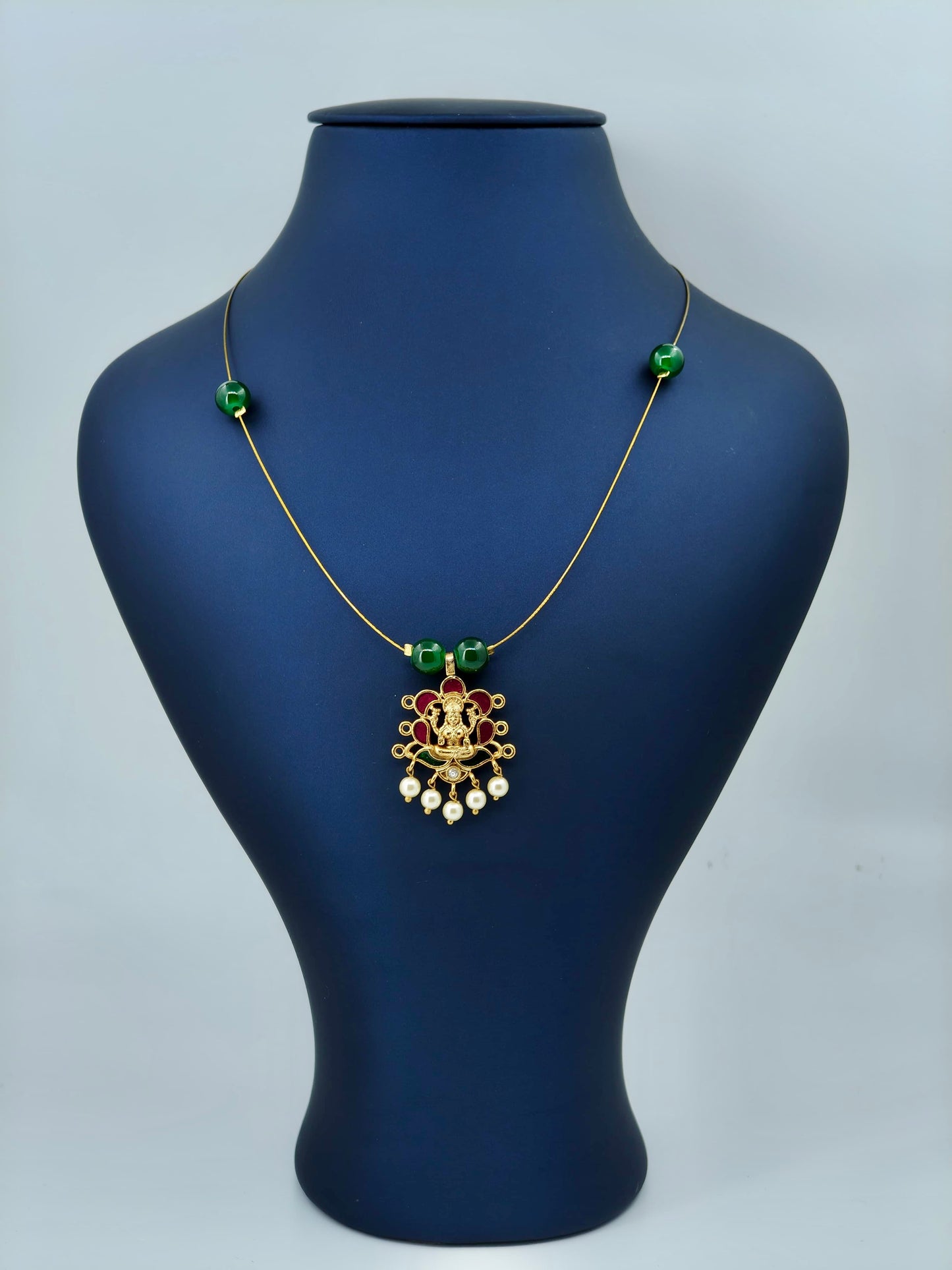 Lakshmi Pendant Invisible Necklace Green Beads