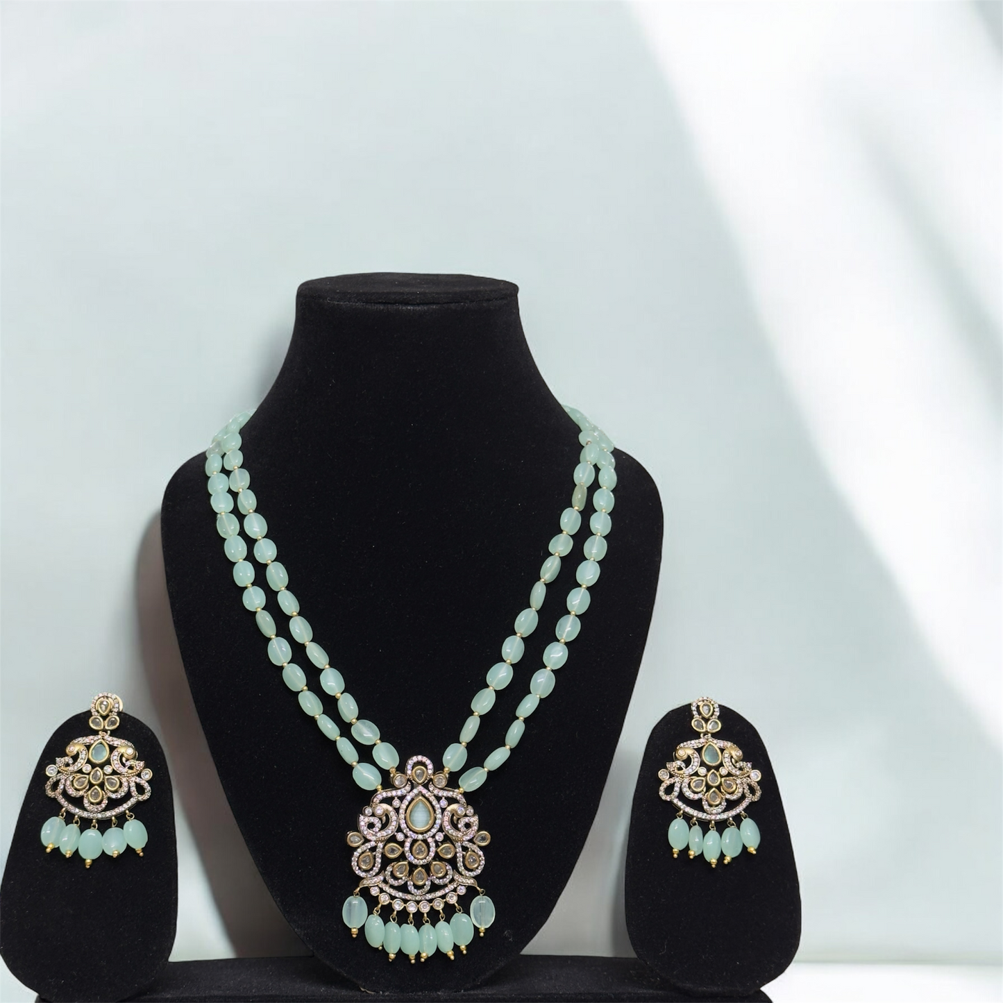 Victorian Pale Green Beaded Haaram & Earrings Set