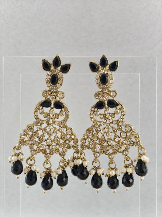 Chandbali Earrings with Black Bead Drops