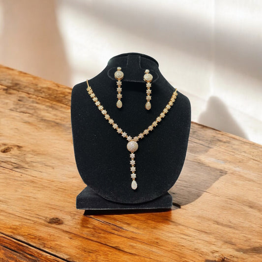 Sparkling A D Stone Rose Gold Necklace & Earrings Set