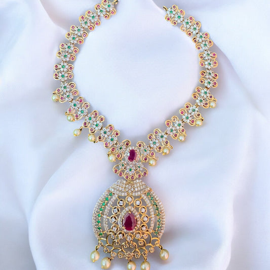 Elegant Matte Finish A D Stone Necklace & Jumka Set