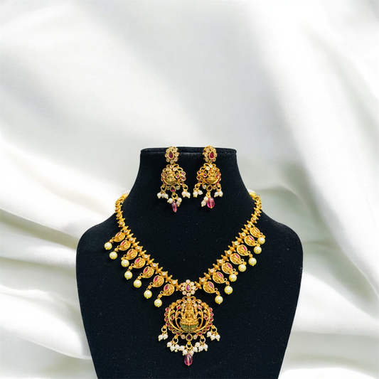Beautiful Lakshmi Pendant Necklace with Pearls & Earrings Set