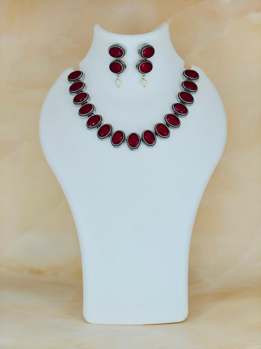 Elegant Oxidised Necklace Set Ruby