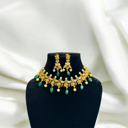 Beautiful and Elegant Green Beaded Choker with Earrings