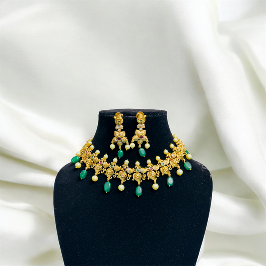 Beautiful and Elegant Green Beaded Choker with Earrings