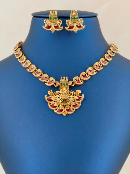 Antique Lakshmi Pendant Enamel Necklace Red