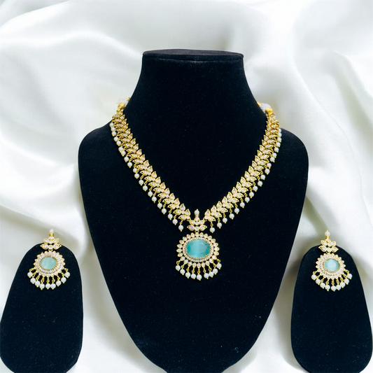 Sparkling AD Stone Necklace and Earrings with Pearls