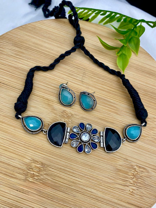Oxidised Choker with Black thread & Blue Stones