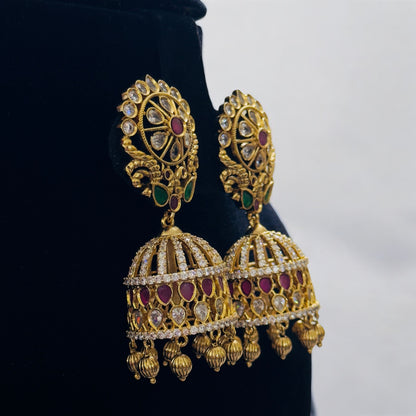 Beautiful Peacock Engraved Multi-stone Bridal Jhumka
