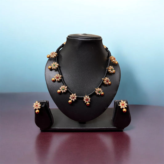 Beautiful Black Thread Multi Stone Floral Necklace & Earrings