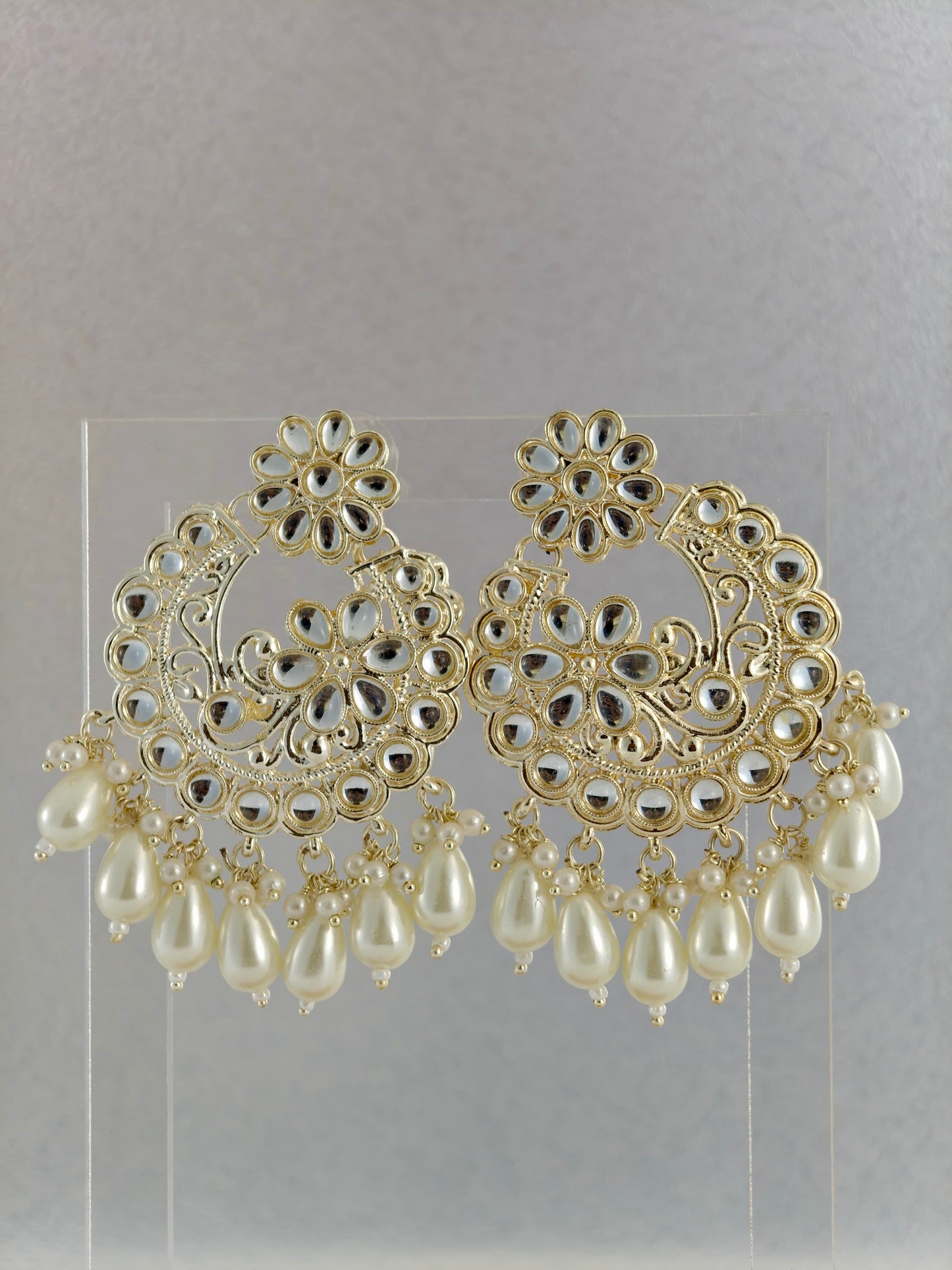 Chandbali Earrings with White Pearl Drops