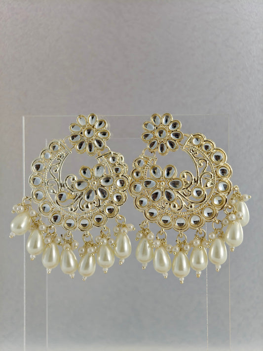 Chandbali Earrings with White Pearl Drops