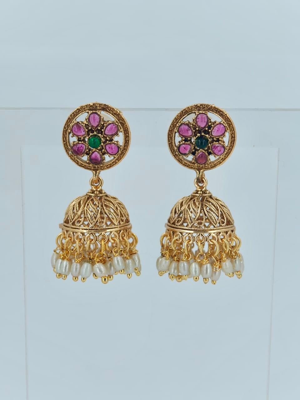 Beautiful Jumka in Ruby and Pearls