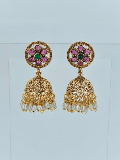 Beautiful Jumka in Ruby and Pearls