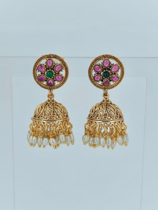 Beautiful Jumka in Ruby and Pearls