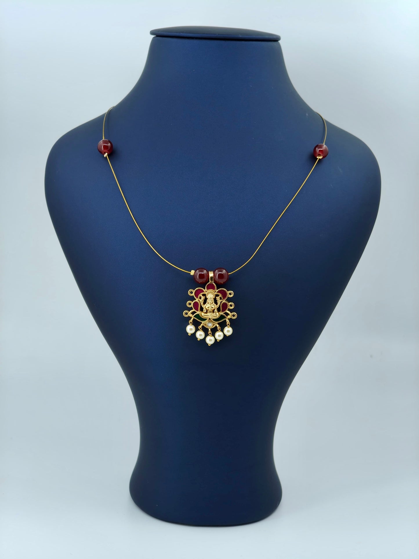 Lakshmi Pendant Invisible Necklace Maroon Beads
