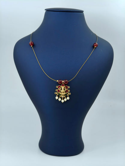 Lakshmi Pendant Invisible Necklace Maroon Beads