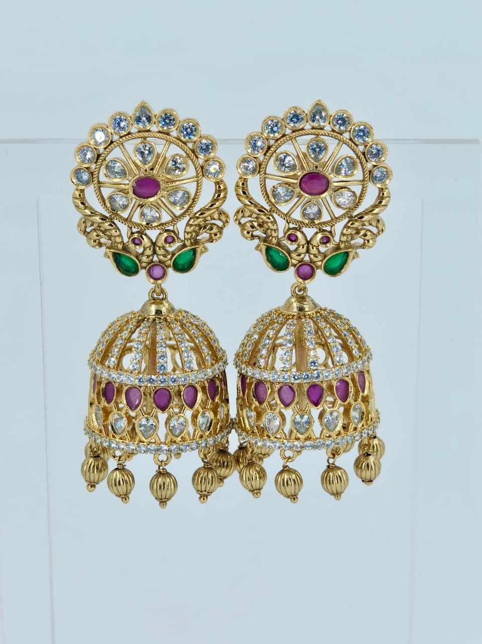 Beautiful Peacock Engraved Multi-stone Bridal Jhumka