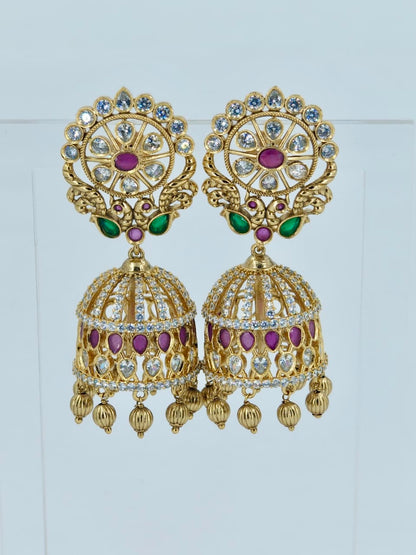Beautiful Peacock Engraved Multi-stone Bridal Jhumka