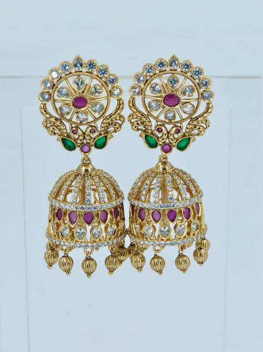 Beautiful Peacock Engraved Multi-stone Bridal Jhumka