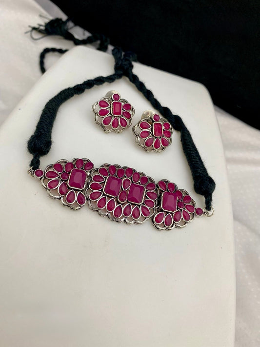 Oxidised Magenta Stone Choker