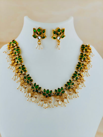 Beautiful Lotus Necklace with rice pearls Green