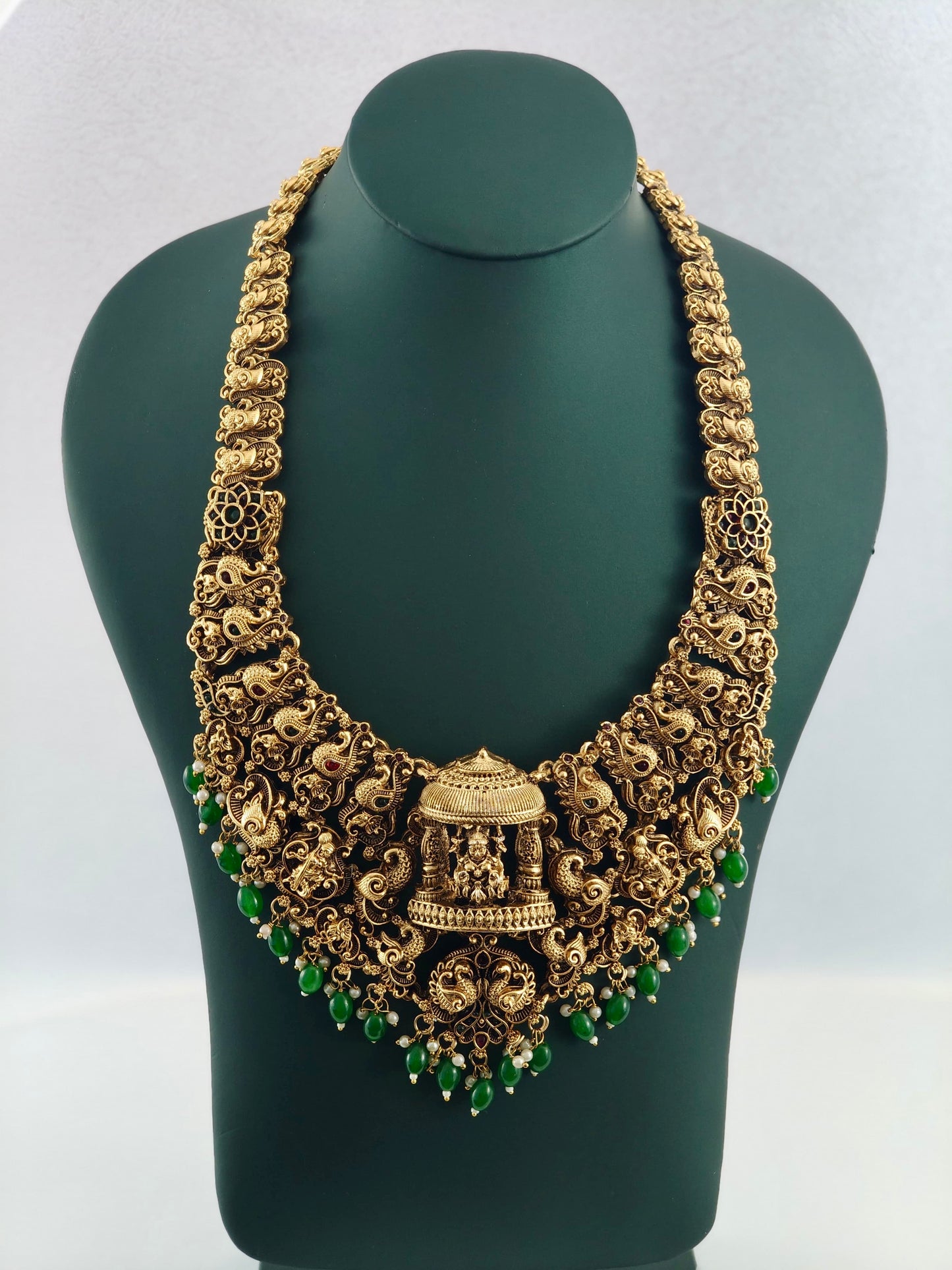 Beautiful Temple Bridal Haaram with Green Beads