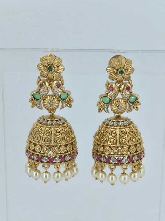 Floral Peacock engraved Jhumka with Pearls